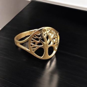   Állítható méretű nemesacél gyűrű életfa mintával arany színben